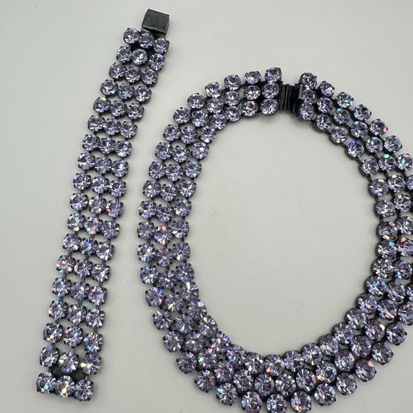 Vintage pewter tone Swarovski alexandrite rhinestones necklace bracelet parure - Picture 8 of 11